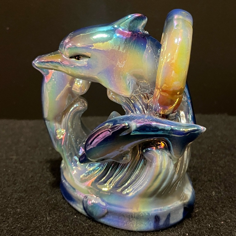 Vintage Dolphins Swimming Through Hoop Iridescent Rainbow Lusterware Figurine - Picture 4 of 12
